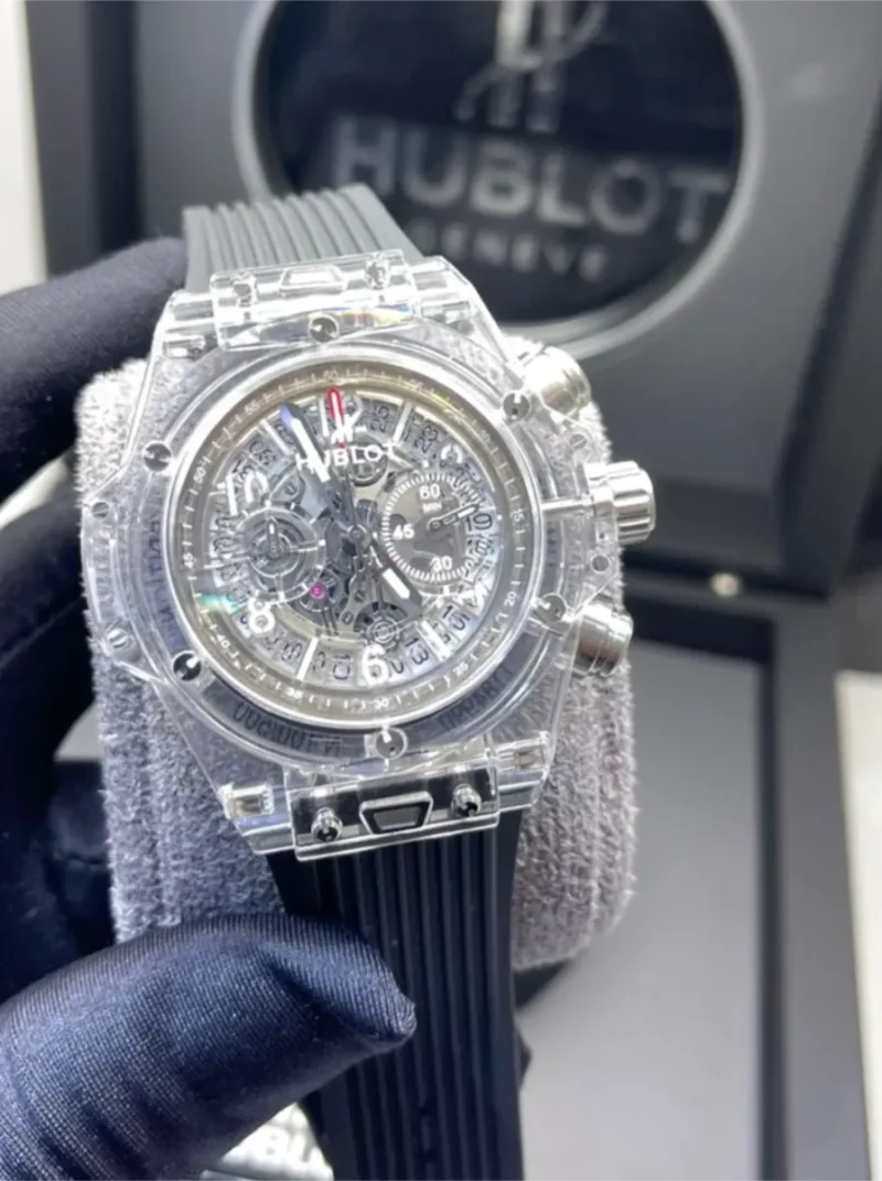 ساعه هوبلو رجالي ربل شفاف