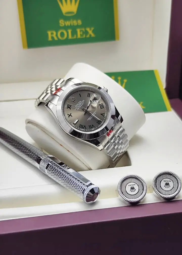 طقم ساعه رجالي فضي قلم كبك