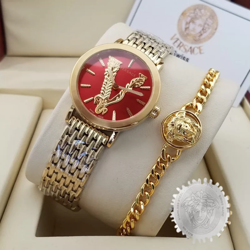 ساعه فرزاتشي ذهبي مينا احمر