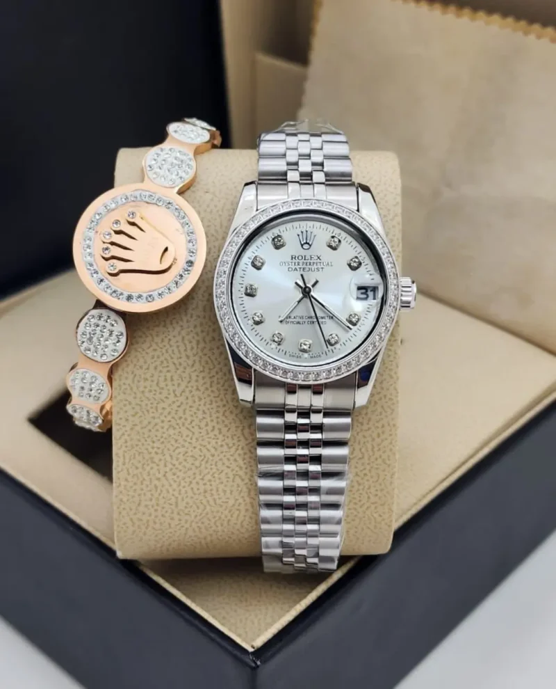 ساعة مع اسواره رولكس فضي