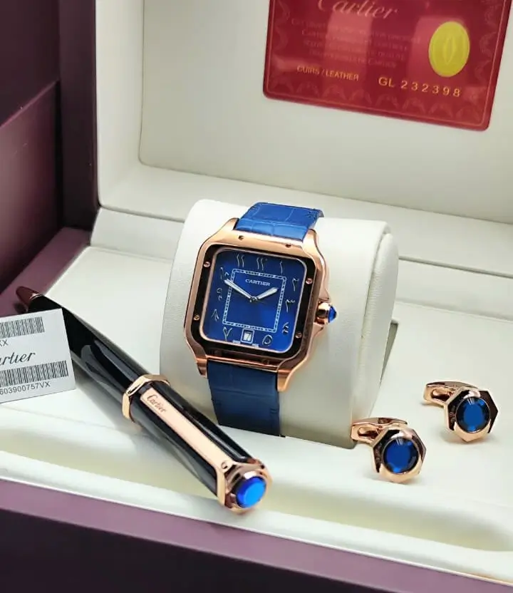 طقم ساعة كارتير زرقاء مع كبك وقلم