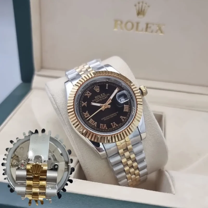ساعه رولكس ذهبي فضي مينا اسود