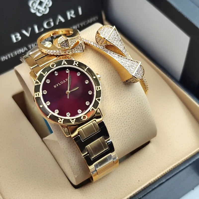 ساعه مع اساور وخواتم نسائي